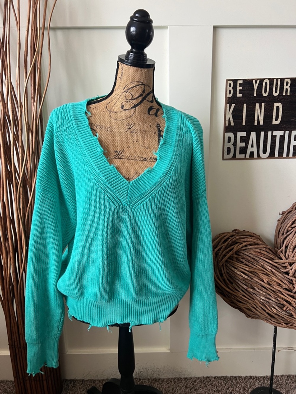 Women's Teal V-Neck Distressed Sweater